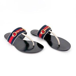Gucci Horsebit Web Stripe Thong Flat Sandals White Flip Flop Size 38 US 8 Women